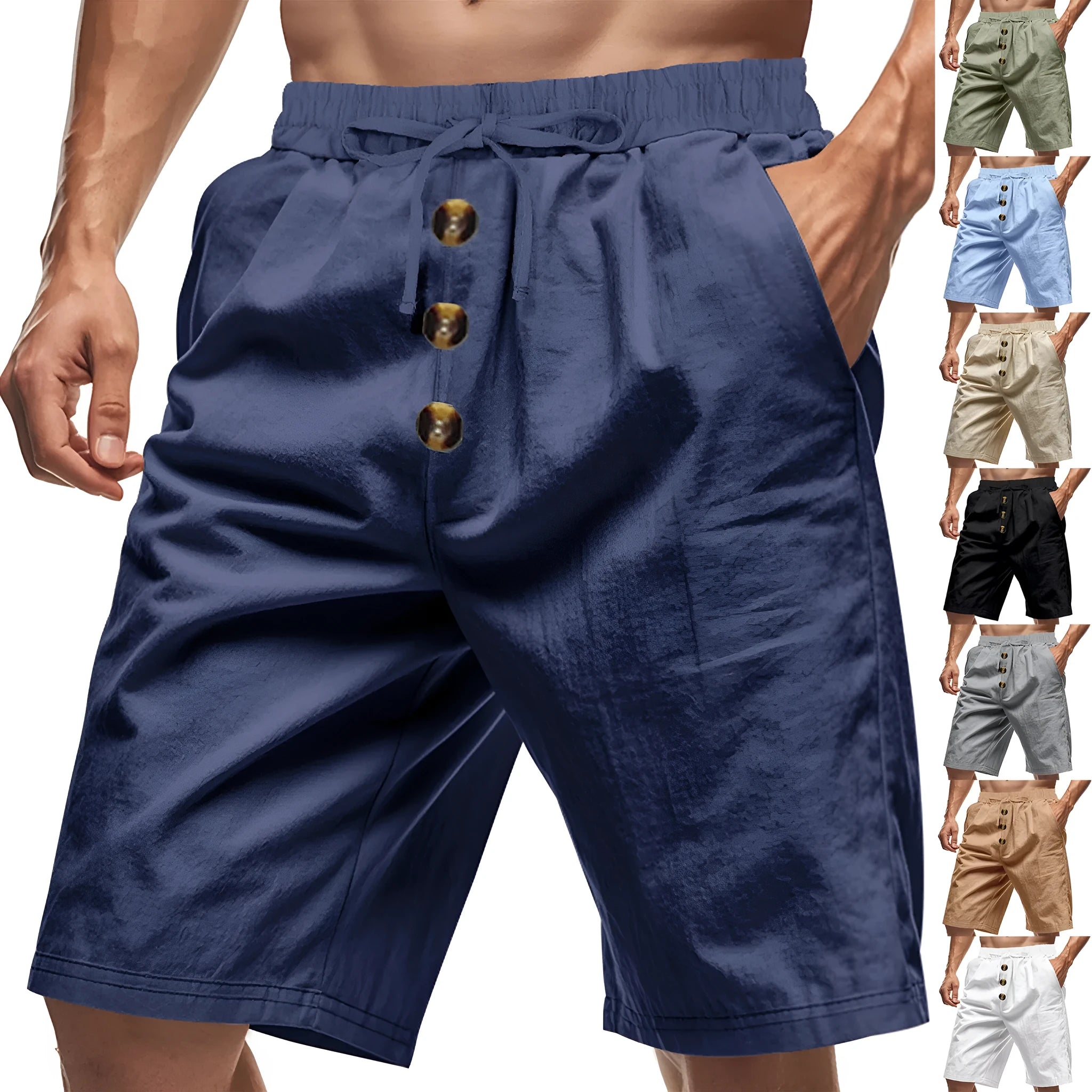 Men's loose straight-leg summer shorts in light khaki, lying flat on a light background
