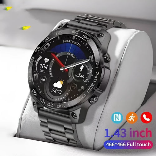 Bluetooth sports watch with round AMOLED screen and silicone strap in black colour