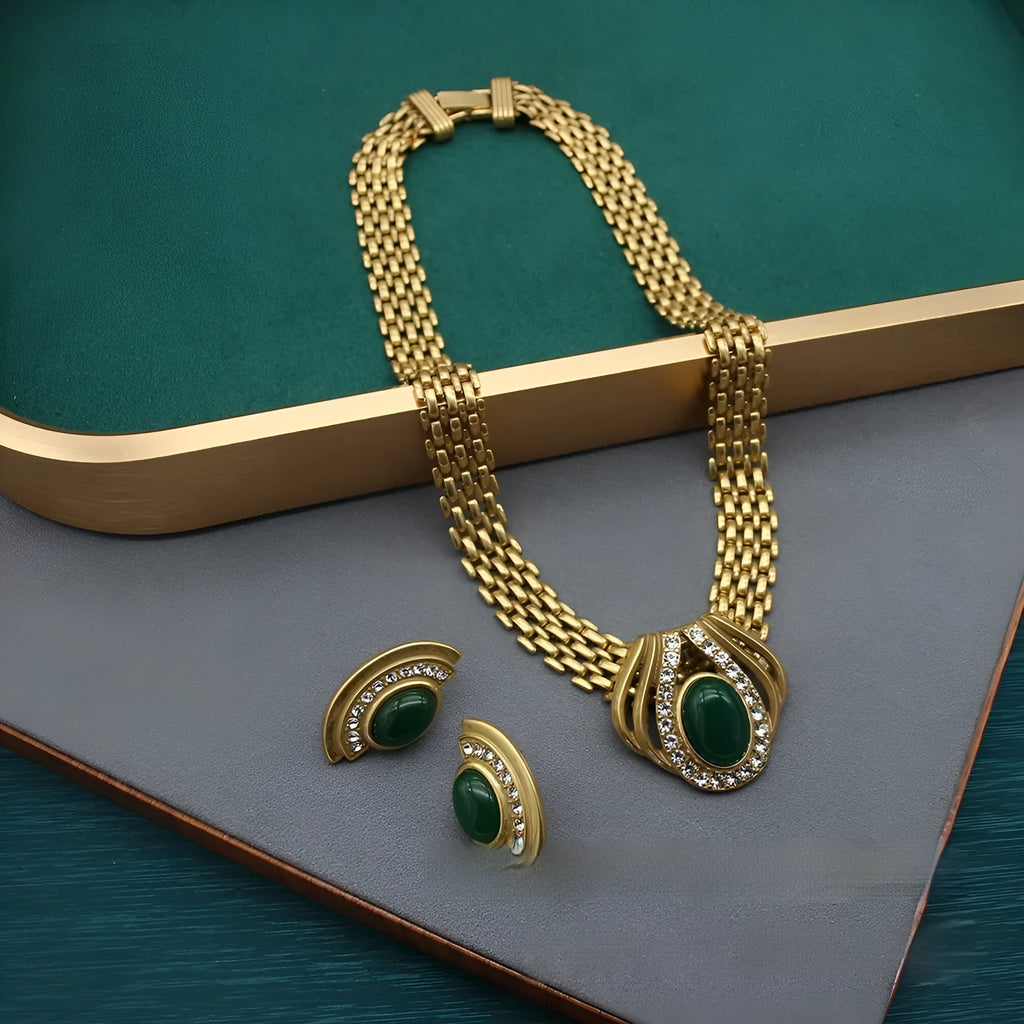 Handmade oval necklace with red and green agate inlay, copper pendant and Chopard-style chain
