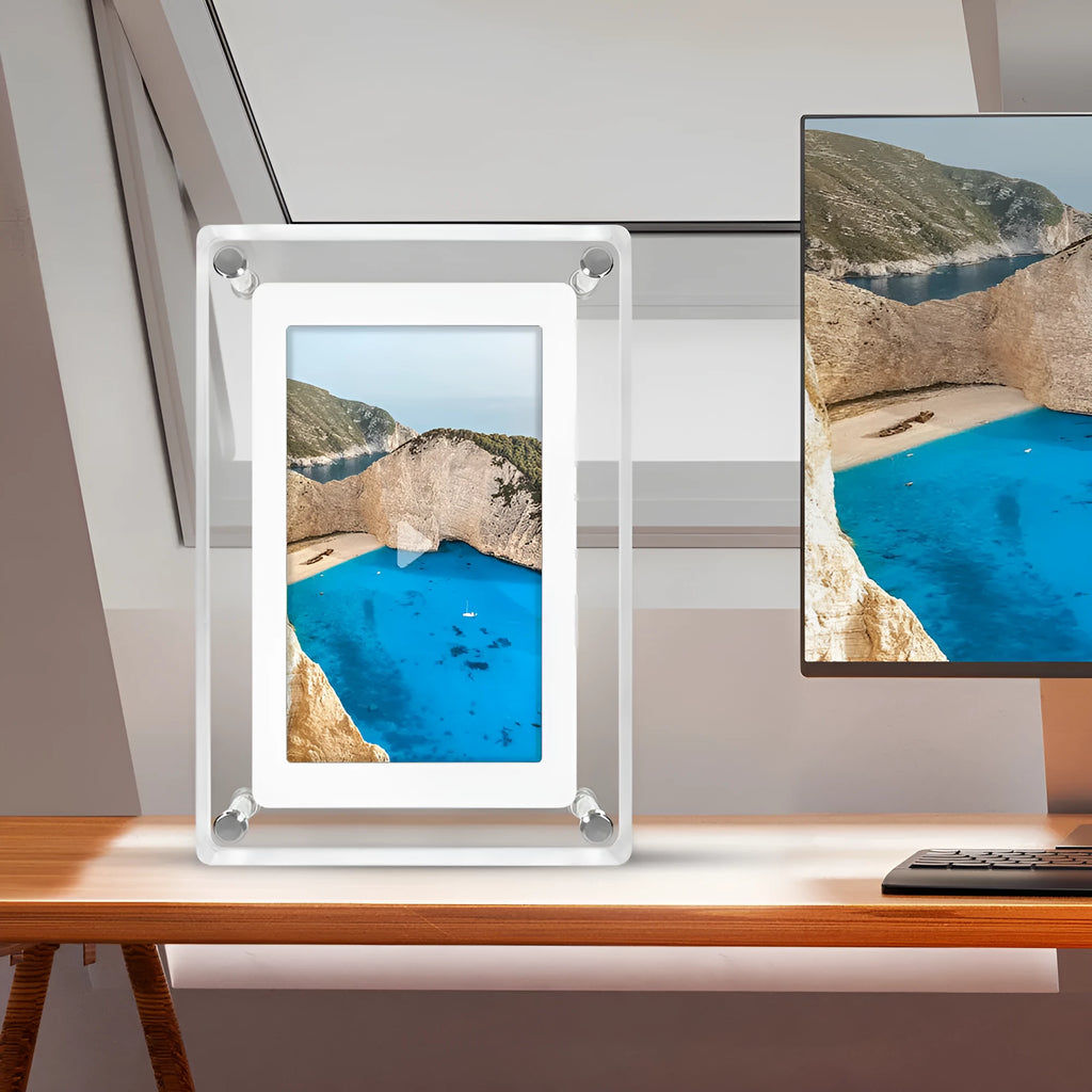 5-inch transparent acrylic digital photo frame with IPS screen and anti-dumping bracket on a desktop