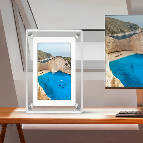 5-inch transparent acrylic digital photo frame with IPS screen and anti-dumping bracket on a desktop