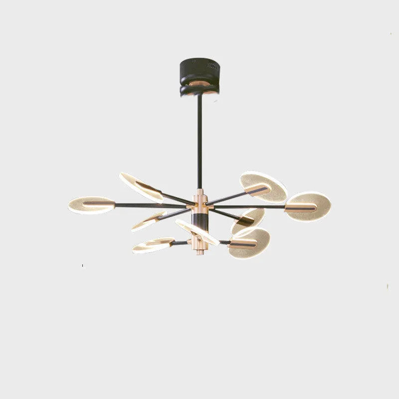 Nordic style black iron chandelier with multiple acrylic lamp shades hanging from ceiling