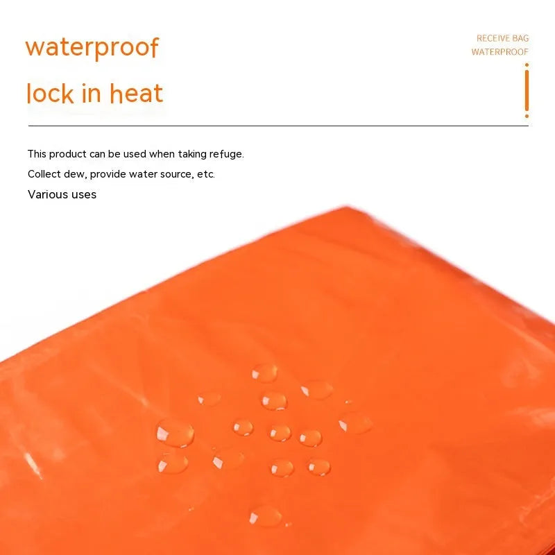 Emergency tent kit with sleeping bag and raincoat components for outdoor survival