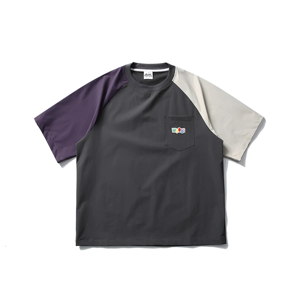 Dark grey loose fit t-shirt with raglan sleeves and contrast colour details.