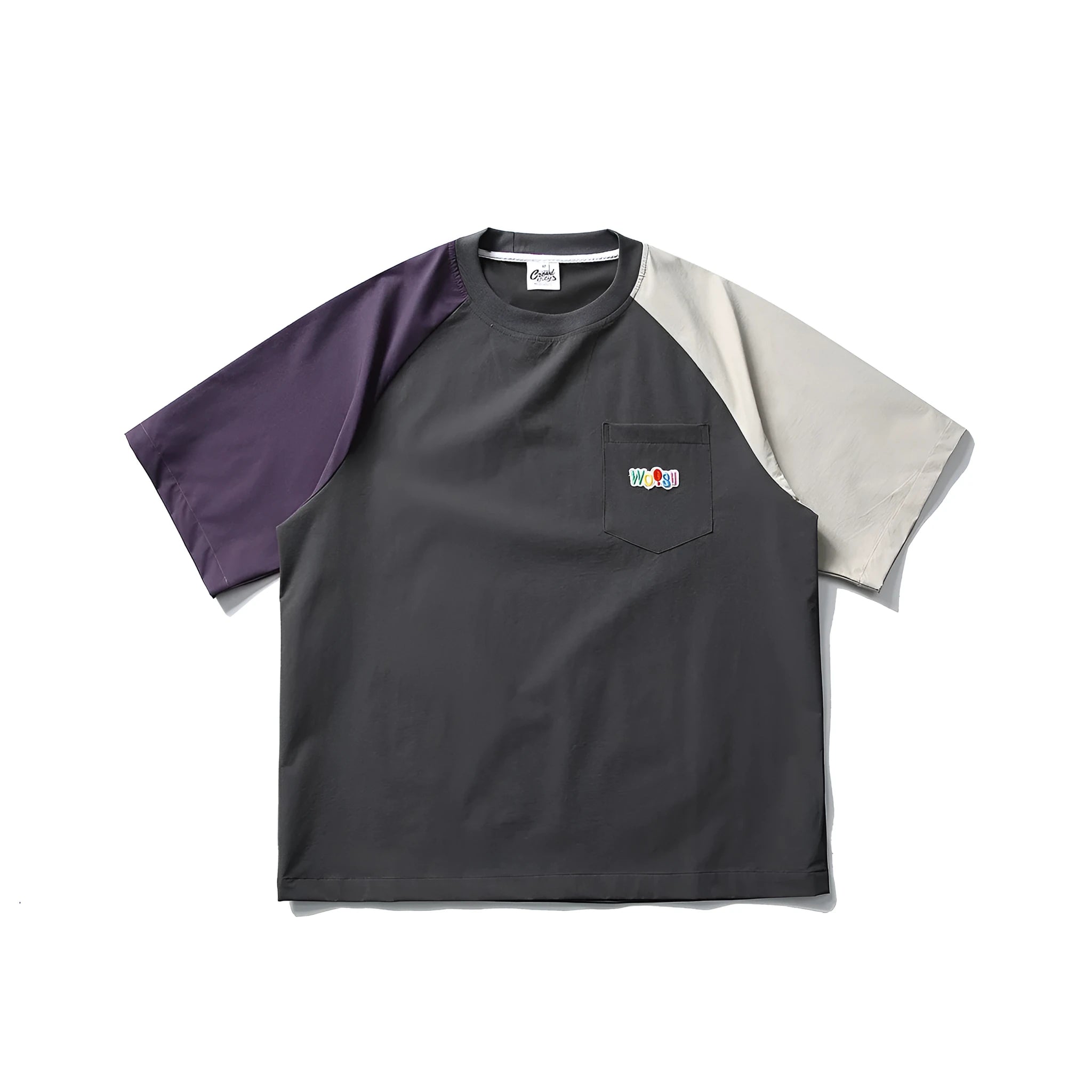Dark grey loose fit t-shirt with raglan sleeves and contrast colour details.