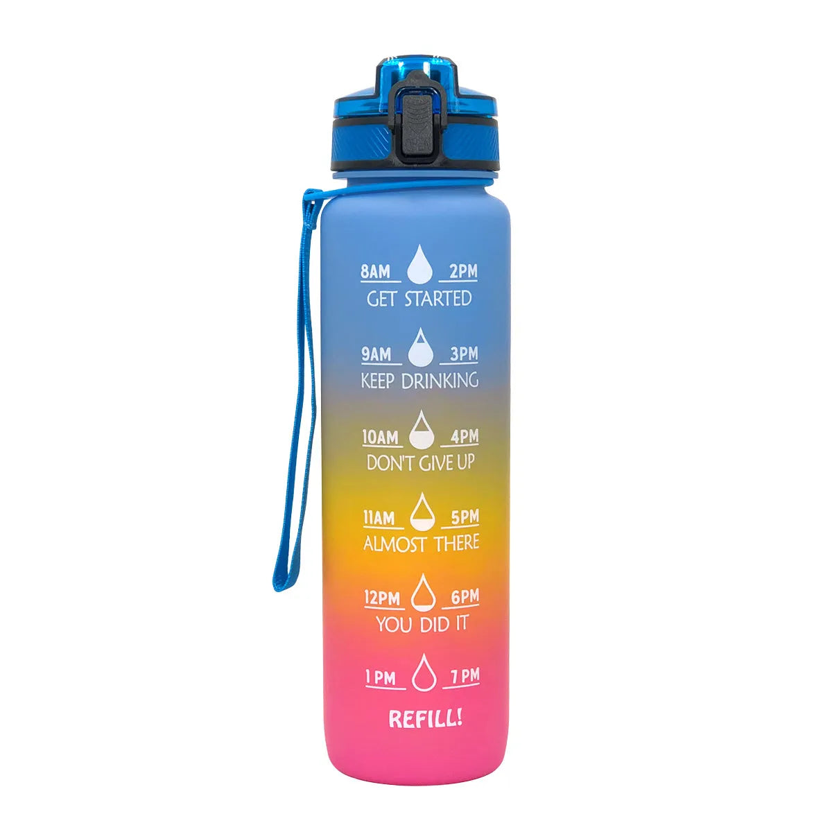 1000ml food-grade plastic sports water bottle, 29.5cm tall, in gradient blue-green colour.