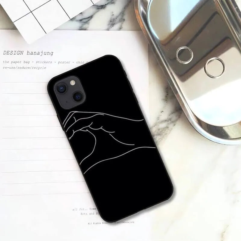 Black TPU phone case with white lines holding hands couple design, anti-fall back cover for Apple iPhone