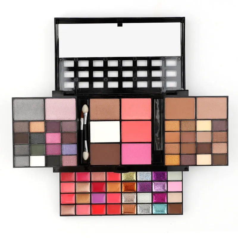 74 colour makeup palette with eyeshadows, lip glosses, concealer, blush and contouring powders in layered plates