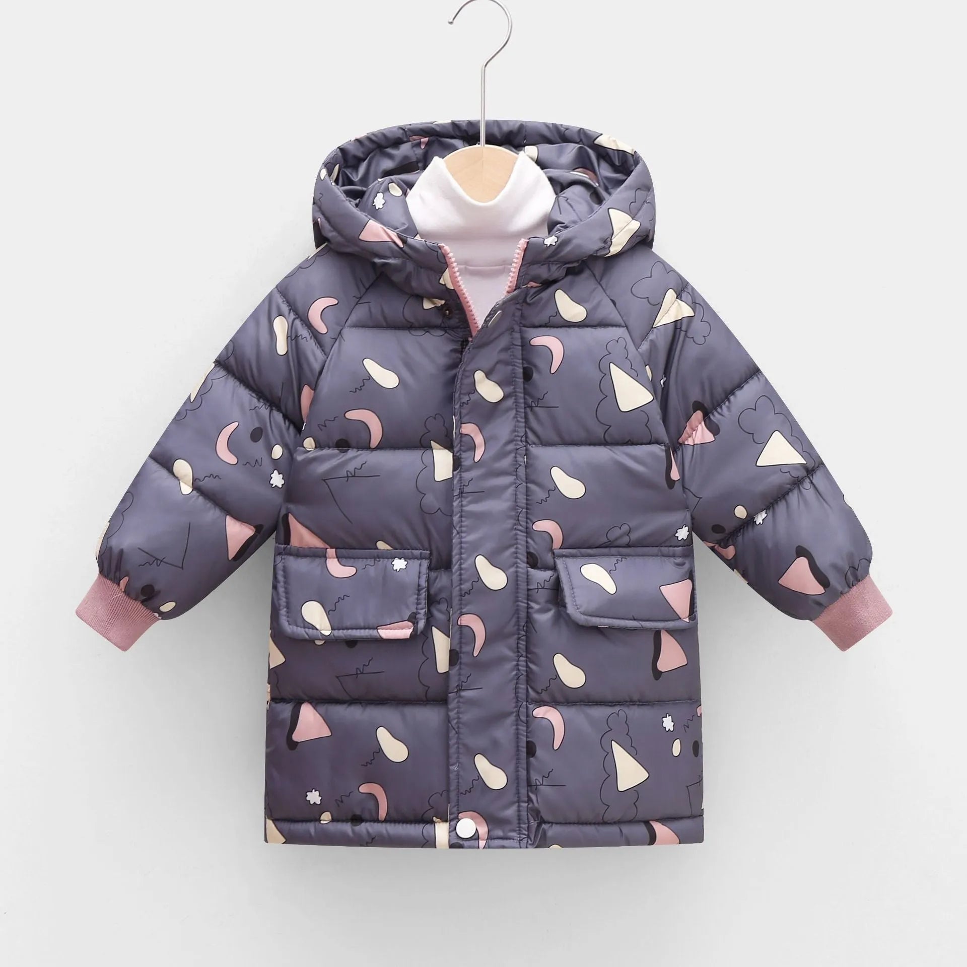 Children's mid-length hooded thickened jacket in polyester fibre with zipper, available in multiple colours