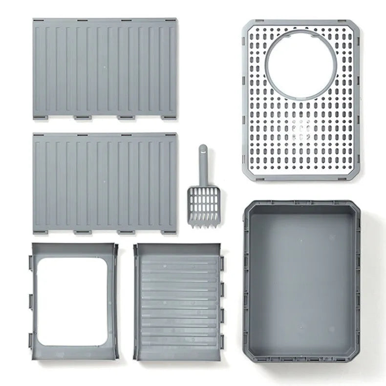 Large double door drawer foldable cat litter basin in PP, 50x38x39cm, grey colour with cat shovel