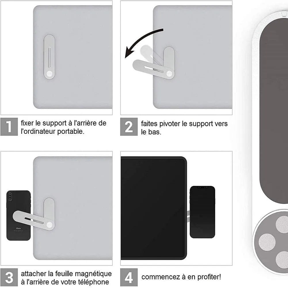 Silver aluminium laptop side mount bracket holding a smartphone, showing adjustable arm and magnetic pads.