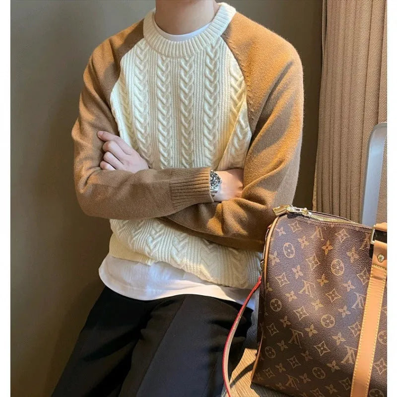 Men's thickened cable knit colour-blocked pullover sweater with long sleeves and round neck in apricot and blue