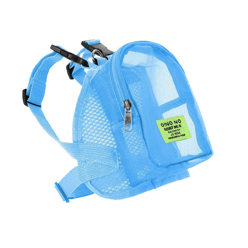 Solid colour polyester dog backpack for portable storage of pet essentials.