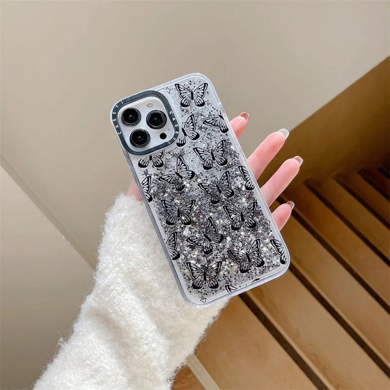Transparent PC iPhone case with black butterfly cartoon sprayed design and fall prevention function.