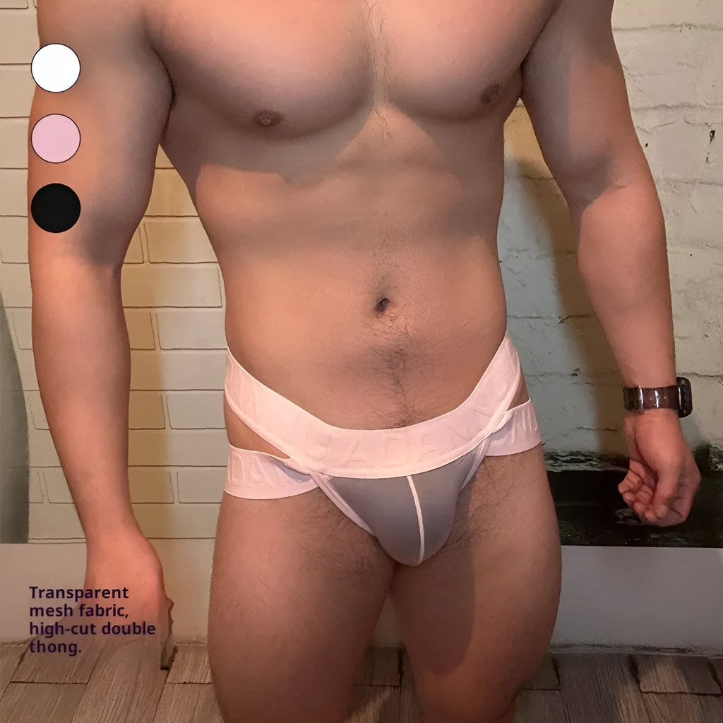 Single-layer see-through nylon mesh low-waist men's underwear briefs in solid colour
