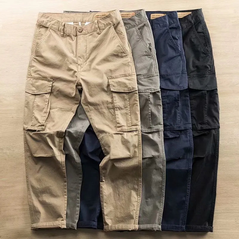 Men's multi-pocket cropped work trousers in cotton, shown in khaki colour