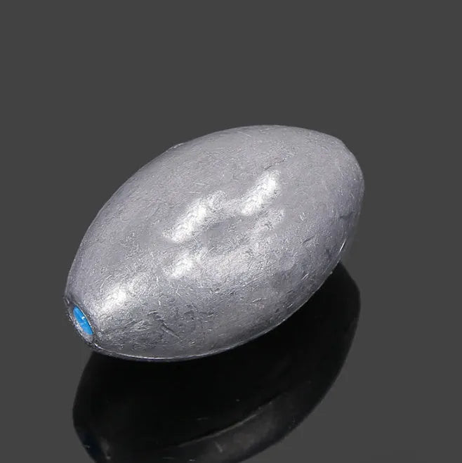 Tongxin olive lead fishing sinker with scale pattern in rugby shape, showing 10g to 150g weight options.