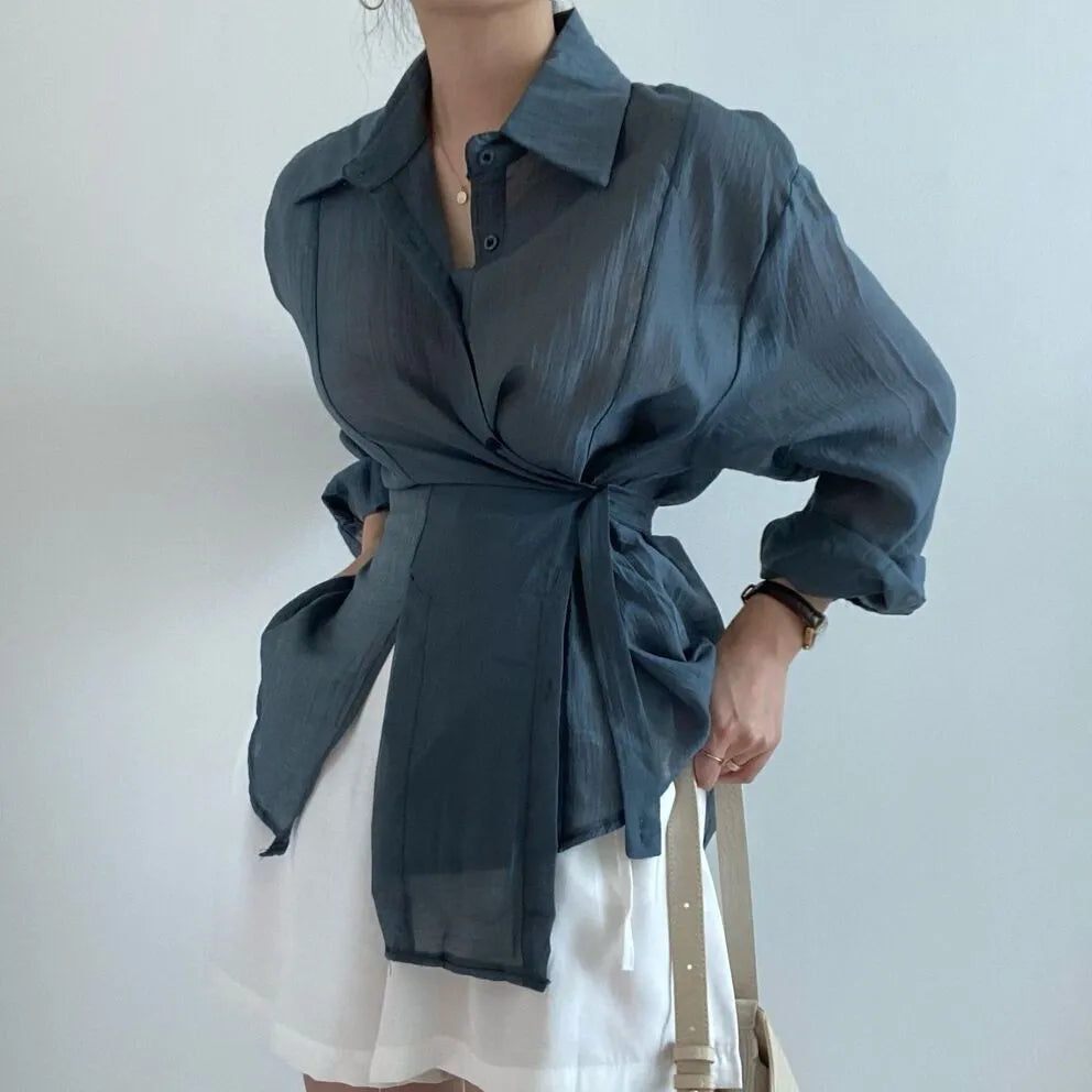 Irregular buckle lapel long sleeve shirt in smoky gray or white, thin polyester top, 50cm length, sizes S to XL