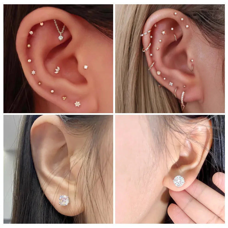Anti allergic titanium alloy ear studs with internal thread and round zircon stone