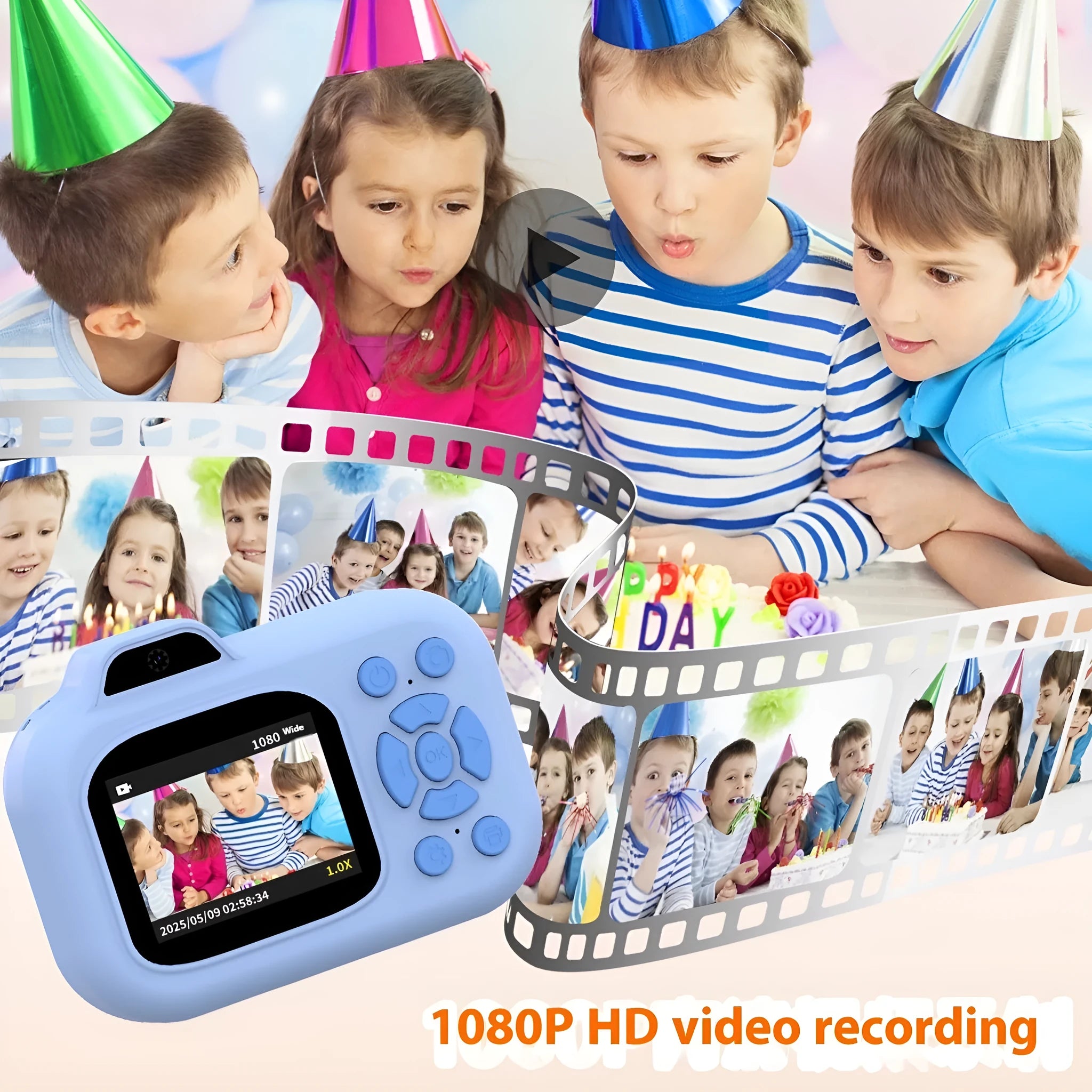 Pink, blue, and purple children's digital camera toy with video recording and photo sticker functions.