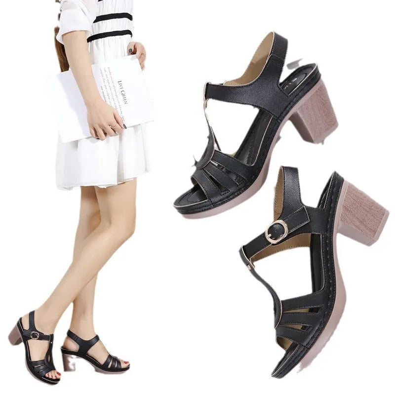 Women's thick heel sandals with metal buckle and patent leather in European style