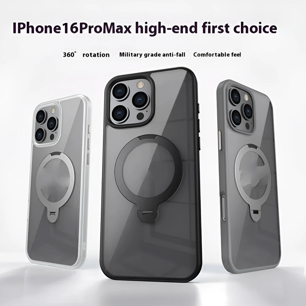 Rotating MagSafe magnetic bracket phone case for iPhone in black, with fold-out stand and anti-fall PC TPU cover.