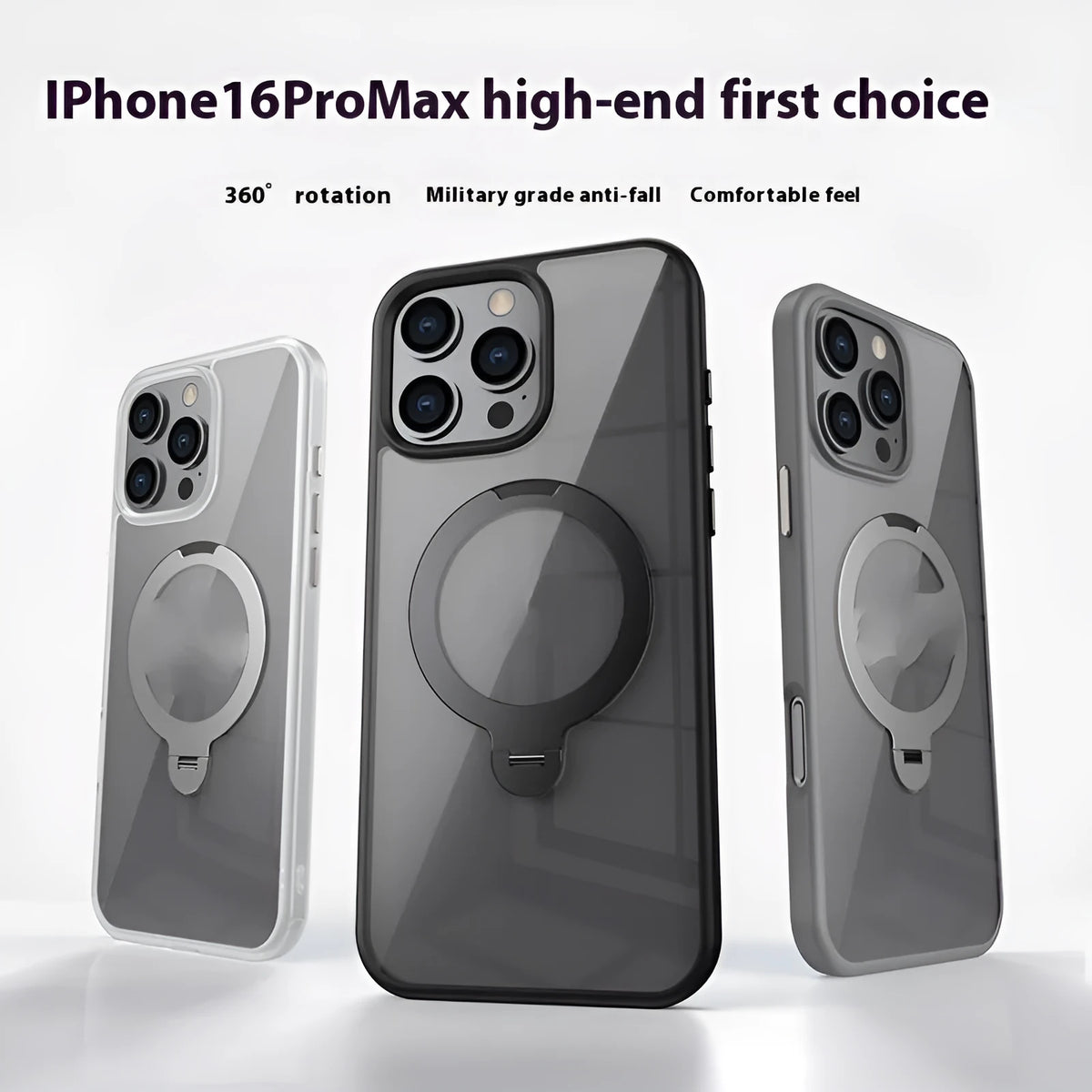 Rotating MagSafe magnetic bracket phone case for iPhone in black, with fold-out stand and anti-fall PC TPU cover.