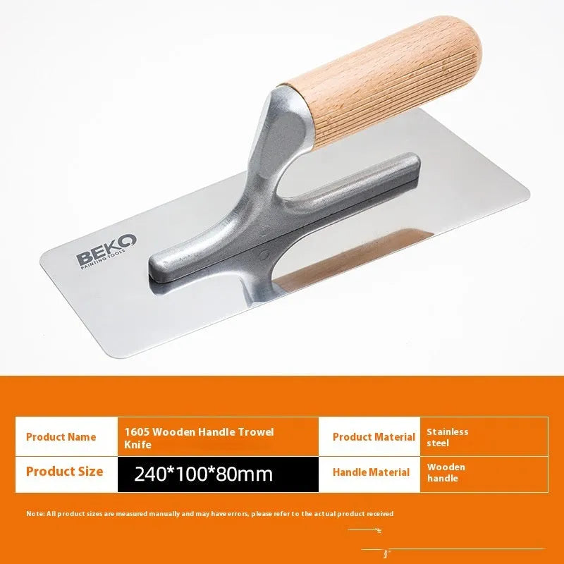 Stainless steel putty scraper with wooden handle shown in three blade sizes for floor and wall finishing