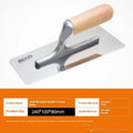 Stainless steel putty scraper with wooden handle shown in three blade sizes for floor and wall finishing