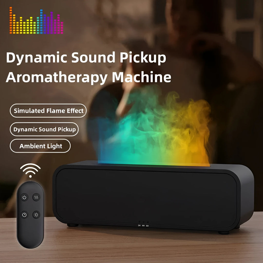 Black and white USB essential oil aromatherapy diffuser with colour-changing lights and remote control on a table