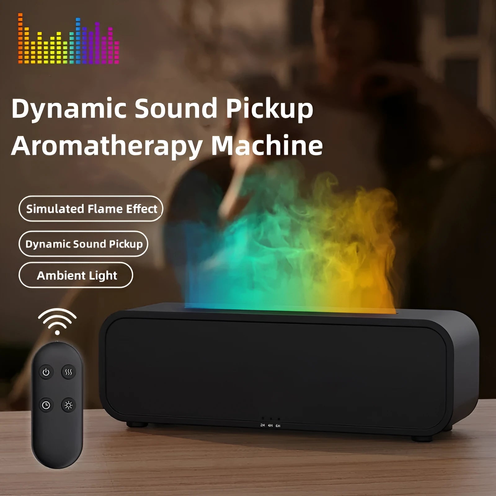 Black and white USB essential oil aromatherapy diffuser with colour-changing lights and remote control on a table