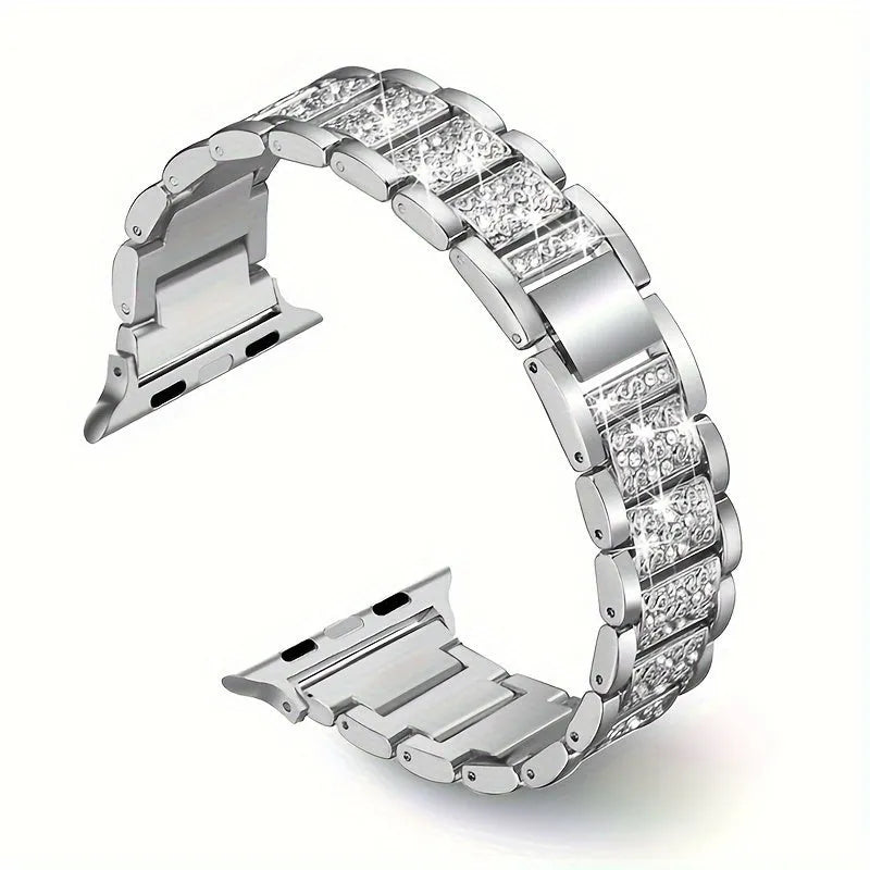 Metal diamond-encrusted watch band in rose gold colour, adjustable bracelet style for women