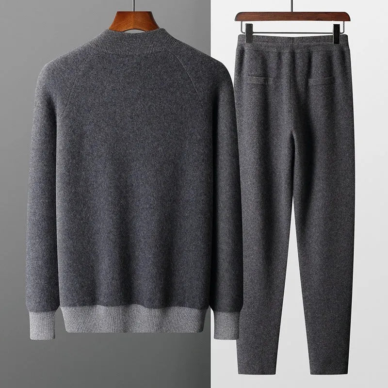Men's cashmere wool blend cardigan suit with half-turtleneck zip jacket and matching trousers in winter colours