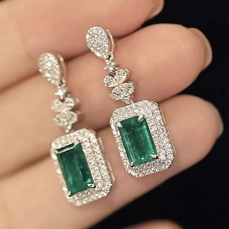 Green copper square bright zircon drop earrings with quadrilateral flower shape, court style for women