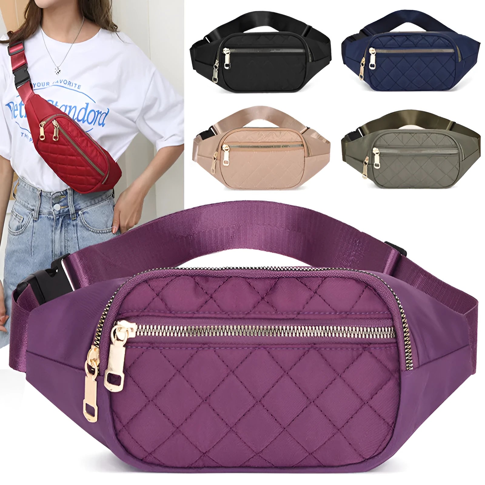 Rhombus fanny pack for women in solid colour, crossbody waist bag with zippered compartments