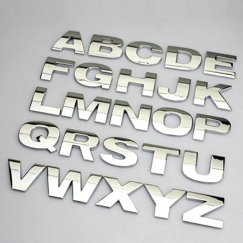 3D metal car bumper stickers showing individual zinc alloy letters in silver and black finishes