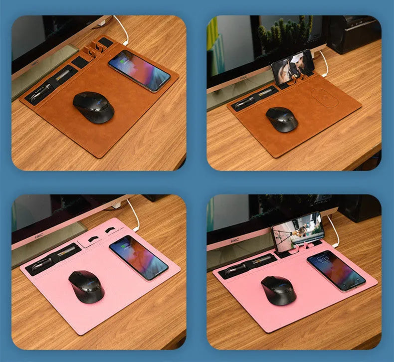 Wireless charging mouse pad with phone holder in PU leather, 320x260mm size