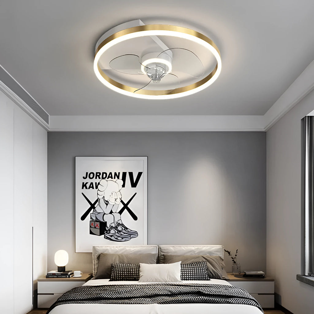 Modern Nordic style white ceiling fan with integrated light fixture for a children's bedroom.