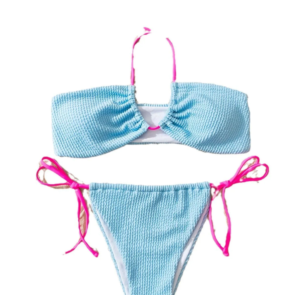 Women's solid colour separated swimsuit with halter neck and lace-up front, briefs style