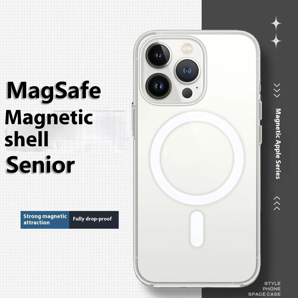 Transparent magnetic PC phone case for Apple 16 and 16 Plus with airbag corners and straight edge all-inclusive design