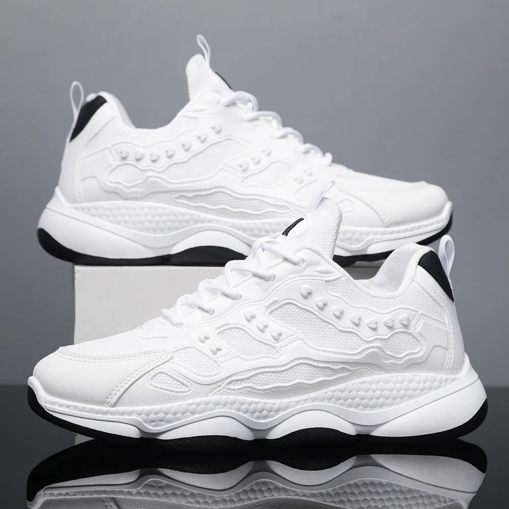 Men's spring mesh casual breathable sneakers low top rubber sole flat heel black green white black white brown