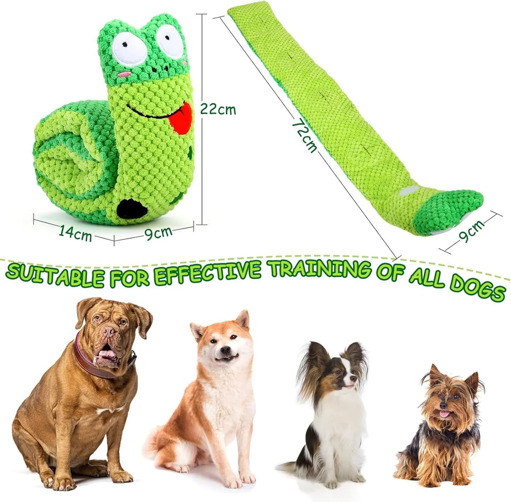 Transformable snail and stick shaped dog puzzle toy with squeaker and hidden food holes.