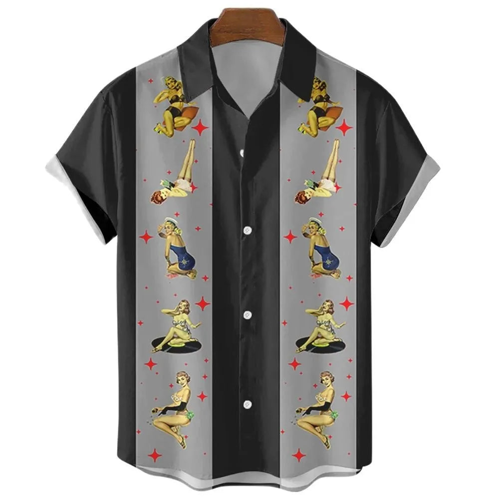 Man wearing a striped short sleeve Hawaiian shirt with button front.