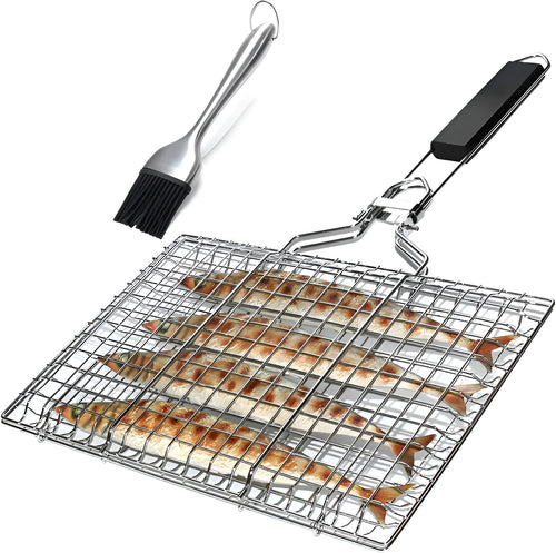 Square stainless steel barbecue mesh basket with folding design and cleaning brush