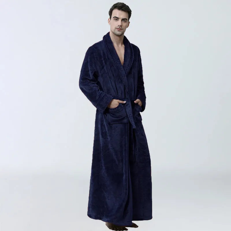 Men's winter coral fleece nightgown in gray, cardigan style with long sleeves, knitted flannel fabric