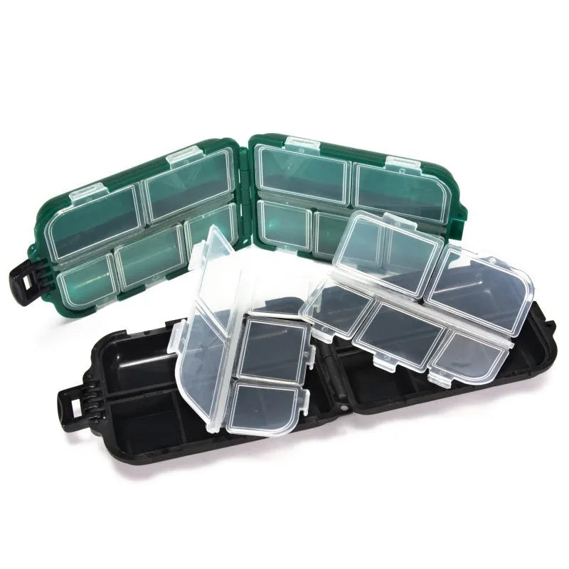 Compact PVC fishing lure storage box in green, 9.9×6.5×3cm, with transparent lid and buckle closure
