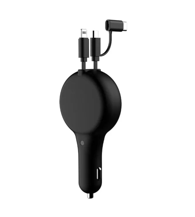 Black retractable car charger with extended charging cables showing three different charging head types