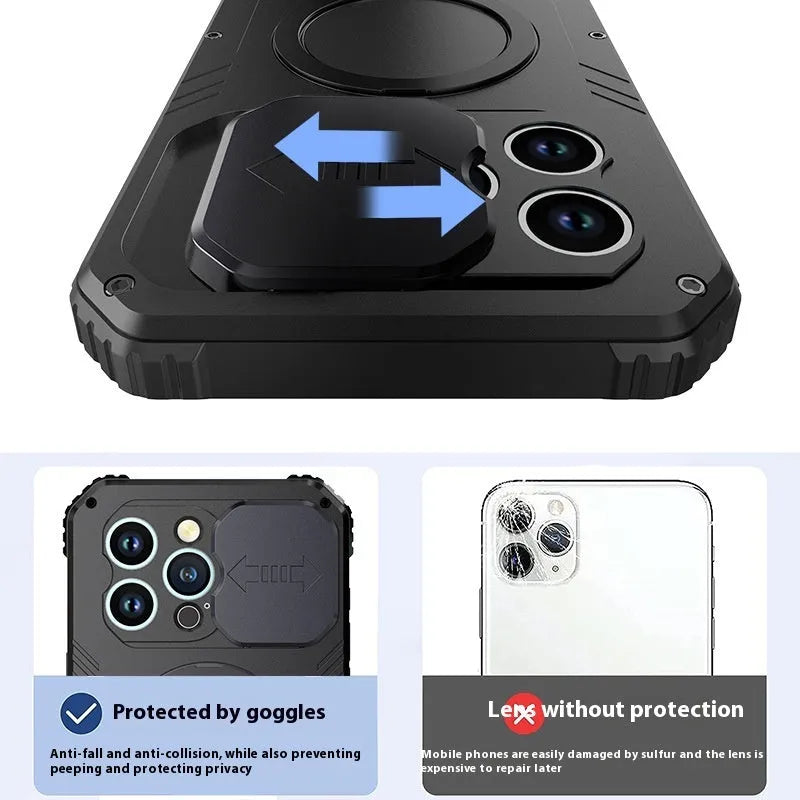 Desktop metal bracket phone case for IPhone15 with built-in stand, magnetic suction, in black aluminium alloy and silicone