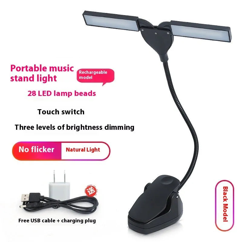 Black rechargeable music stand lamp with 28 LED lights on a metal music stand.