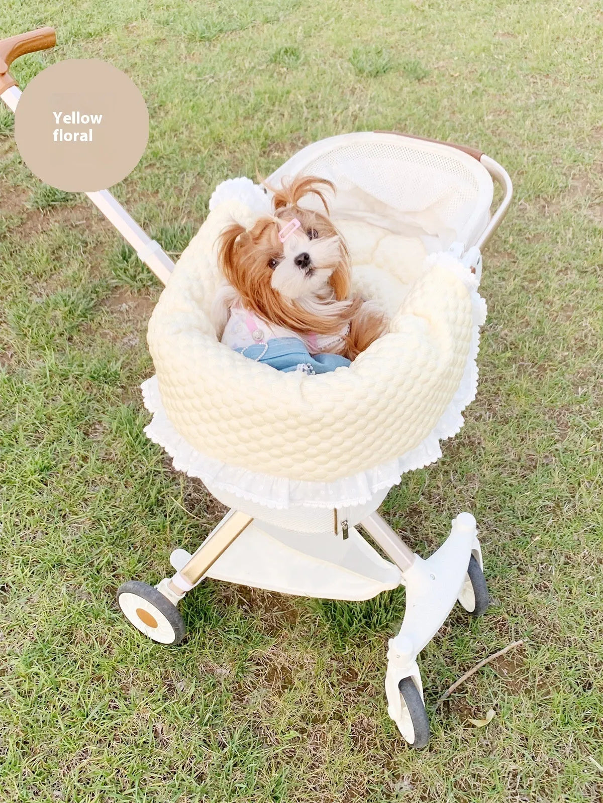 Pet stroller three-piece accessory set showing anti-dirty towel, cushion, and pillow in cotton cloth with floral pattern